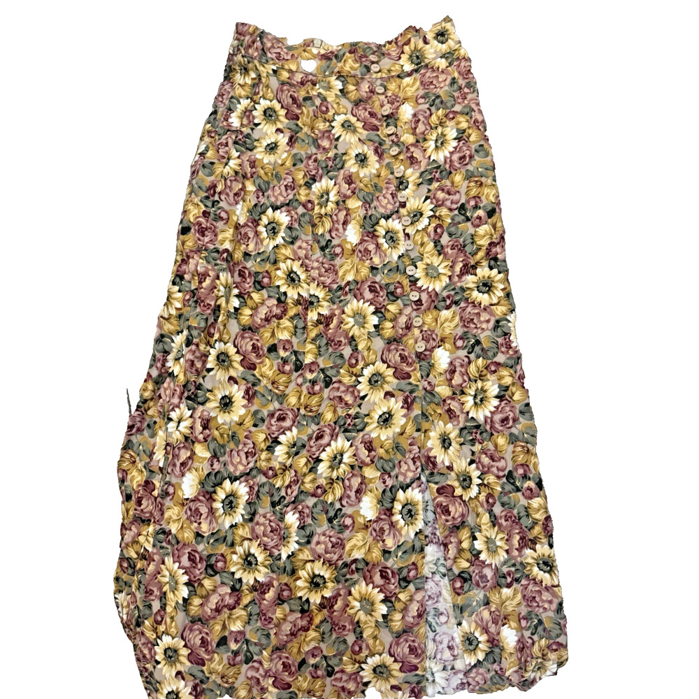 Vintage 90s Express Floral Maxi Skirt S Button Front Elastic Waist Fairy Grunge - Picture 2 of 11
